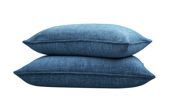 Two stacked decorative pillows with a textured blue fabric design and white piping accents. isolated on white background and transparent background