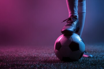 Detail view of a female football player's foot resting on a soccer ball during a nighttime practice session on a synthetic field with colorful lighting effects