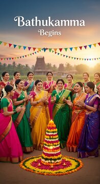 Women in colorful sarees celebrate bathukamma festival with floral arrangements outdoors
