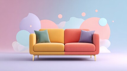 Modern sofa in vibrant yellow and coral colors with pastel cushions, set against playful pastel background featuring abstract shapes and soft gradients, creating cheerful ambiance