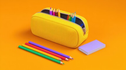 Yellow pencil case with zipper is open, revealing colorful pencils inside. Additional colored pencils and small purple notebook are placed beside it on vibrant orange background