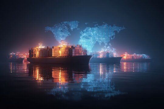 Futuristic cargo container ships illuminated at night with a digital world map projection highlighting global trade connections