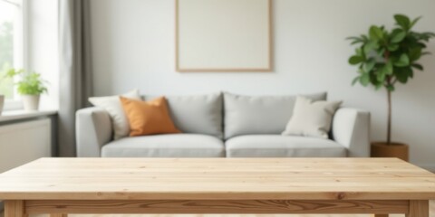 Light Wooden Table in a Cozy Living Room Setting with Blurred Background