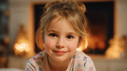 Cheerful young girl with blonde hair smiles warmly while sitting near glowing fireplace, creating cozy and festive atmosphere. background features soft, warm lighting and blurred decorative
