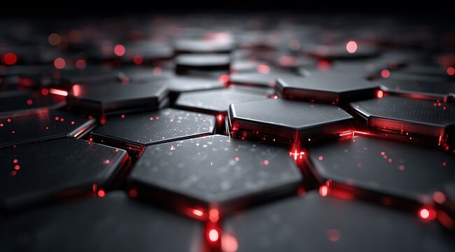 Abstract Dark Hexagon Grid; Red Glowing Network