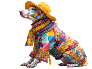 Stylish Dog in Colorful Outfit and Hat Isolated on White Background