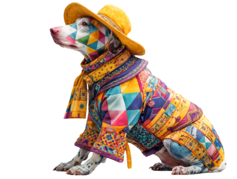 Stylish Dog in Colorful Outfit and Hat Isolated on White Background