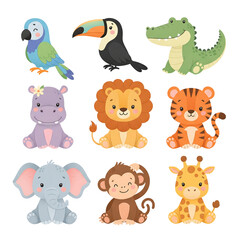 Naklejka premium A charming collection of cute baby safari and jungle animals. This adorable set includes a lion, tiger, giraffe, elephant, and monkey, perfect for children's illustrations.