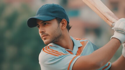 Young cricket player wearing cap and gloves is captured mid shot, holding bat in poised stance, ready to play. background is blurred, emphasizing player focus and determination