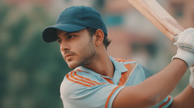 Young cricket player wearing cap and gloves is captured mid shot, holding bat in poised stance, ready to play. background is blurred, emphasizing player focus and determination - Powered by Adobe