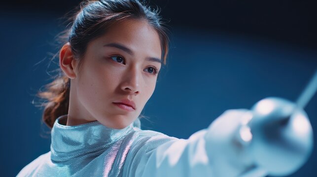 Focused young female fencer in silver fencing uniform holding foil, with determined expression, set against dark blue background - Powered by Adobe