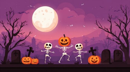 Fototapeta premium Cartoon graveyard with smiling jack o lanterns, dancing skeletons, tombstones, and full moon in spooky purple night sky, creating fun and eerie Halloween atmosphere