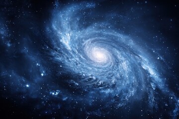 Obraz premium Captivating spiral galaxy featuring deep sapphire blue hues and luminous stars illuminating cosmic dust trails for astronomy lovers and creative minds in the universe niche