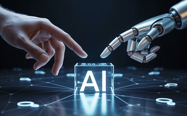 Human and Robotic Hands Reaching for AI Interface Concept of Artificial Intelligence Future Technology and Connection