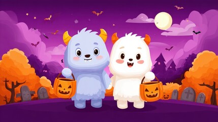 Fototapeta premium Adorable cartoon monsters in Halloween themed scene, holding pumpkin buckets under purple night sky with bats, full moon, and graveyard surrounded by autumn trees