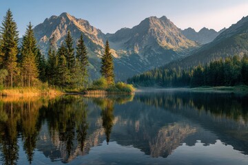 Serene sunrise over calm lake with tatra mountains reflecting in clear water, perfect for nature enthusiasts and tranquil lifestyle themes