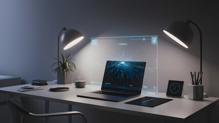 Minimalist futuristic workspace with glowing screen and laptop