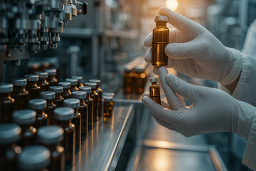 AI generated image showing hands with gloves inspecting amber glass vial on sterile production line conveying precision safety and advancement in pharmaceutical manufacturing