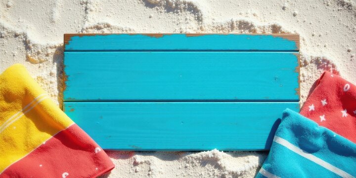 Summer Vacation Beach Scene with Turquoise Wooden Sign and Colorful Towels