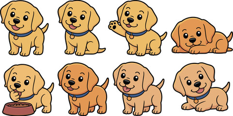 Cute cartoon puppy character set, adorable dog illustrations, playful poses, happy pet vector clipart, perfect for children designs, animation