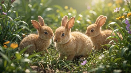 Obraz premium Close-up of a rabbit surrounded by green foliage and young hares