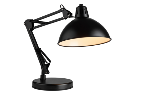 Modern Black Desk Lamp with Adjustable Arm, isolated on a transparent background