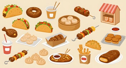 Isometric illustration set of international street food. A diverse collection of take-away meals like tacos, dumplings, and kebabs.