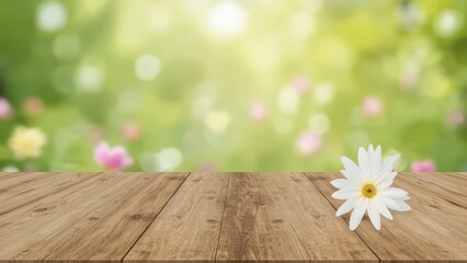 Obraz premium Wooden tabletop with blurred floral backdrop for product showcasing