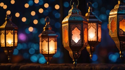 Traditional Decorative Lanterns Glowing at Night with Bokeh Lights - Generative AI