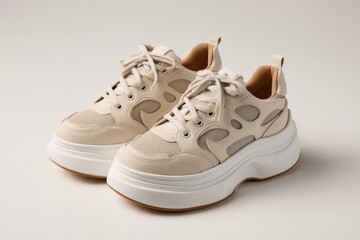 Floating beige cutout platform sneakers displayed on a simple surface highlighting their unique design and comfort features perfect for casual wear