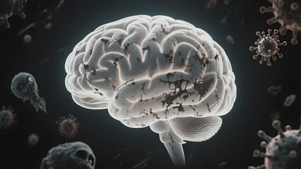 Obraz premium Human Brain Surrounded by Viral Particles
