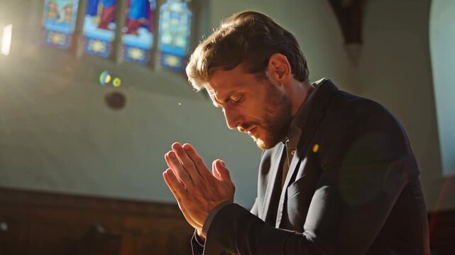 close up man praying in church, hope