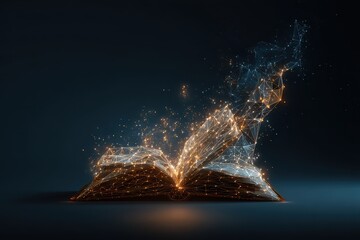 Futuristic glowing book emitting sparks of knowledge in a low polygonal style set against a dark background