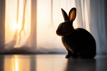 Silhouette of rabbit on smooth floor with soft sunlight gentle curtain background peaceful atmosphere warm glow animal indoors serene mood natural light pet concept