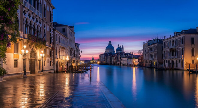Venice canal at dusk: ornate buildings flank still water reflecting soft light, distant dome silhouetted against pink sky, warm streetlamps illuminate stone.
- Powered by Adobe