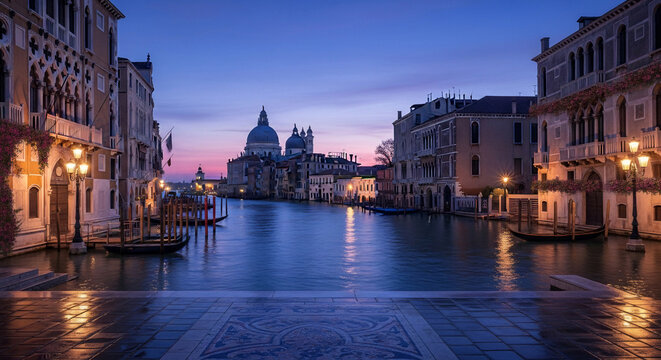 Venice canal at dusk: ornate buildings flank still water reflecting soft light, distant dome silhouetted against pink sky, warm streetlamps illuminate stone.
- Powered by Adobe