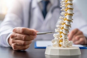 Male doctor demonstrating a spinal model with a pen in a medical office setting focused on patient education and anatomy discussion