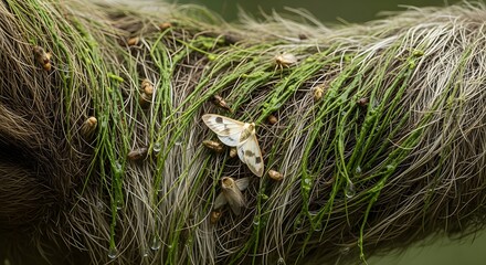 Close up of three-fingered sloths's fur. Green color on his fur is algae and fungus found only on sloths and there's an entire micro kingdom living in his fur including sloth moths.
