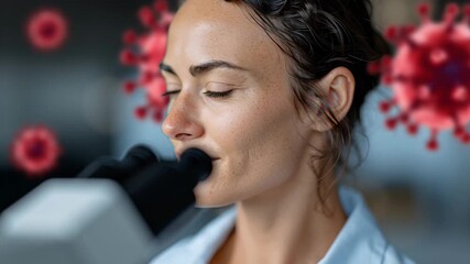 Female scientist with brown hair looking through microscope, focused on research, with digital virus illustration in background, representing the importance of scientific discovery and health innovati - Powered by Adobe