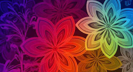Luminous abstract floral illustration with a vibrant rainbow color gradient on a dark background