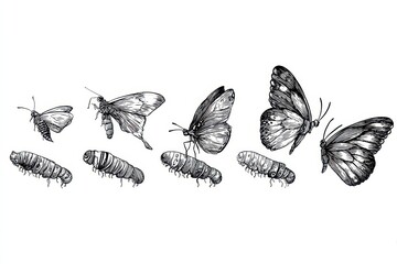 Intricate butterfly metamorphosis vector drawing showcasing the transformation from caterpillar to butterfly in meticulous detail