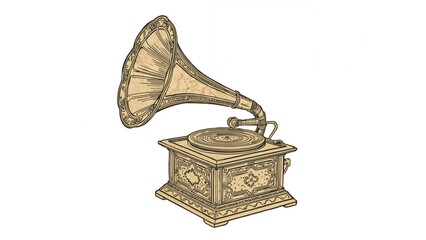 Sketch of a vintage bronze gramophone, ideal for coloring sheets, banners, backgrounds, or ornamental use.