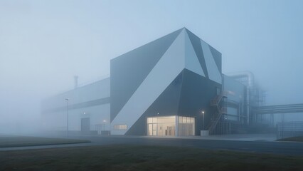 Obraz premium Modern Industrial Building in Foggy Conditions