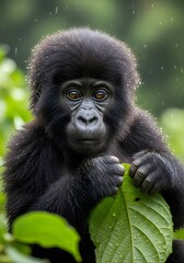 Naklejka premium Close up of Baby mountain gorillas in its natural habitat, Rwanda's Volcanoes National Park, Africa 