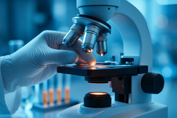 AI generated close up of gloved hand adjusting microscope in clean laboratory with soft blue light showing focus and scientific precision
