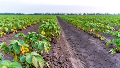 Rows of Potato Plants Growing in a Field Under Cloudy Sky