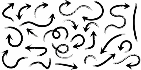 Collection of hand drawn black arrows with brushstroke texture