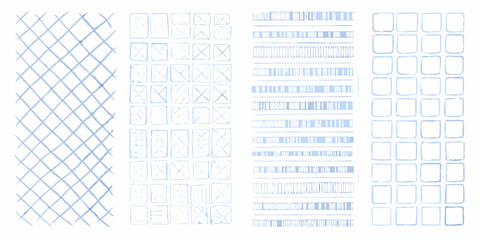 Collection of hand drawn blue geometric patterns on white background
