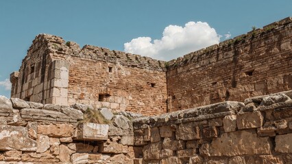 Ancient archaeological site featuring detailed stone and brick wall designs