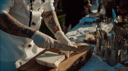 Chef skillfully slices a large block of cheese at an outdoor culinary event in the late afternoon
